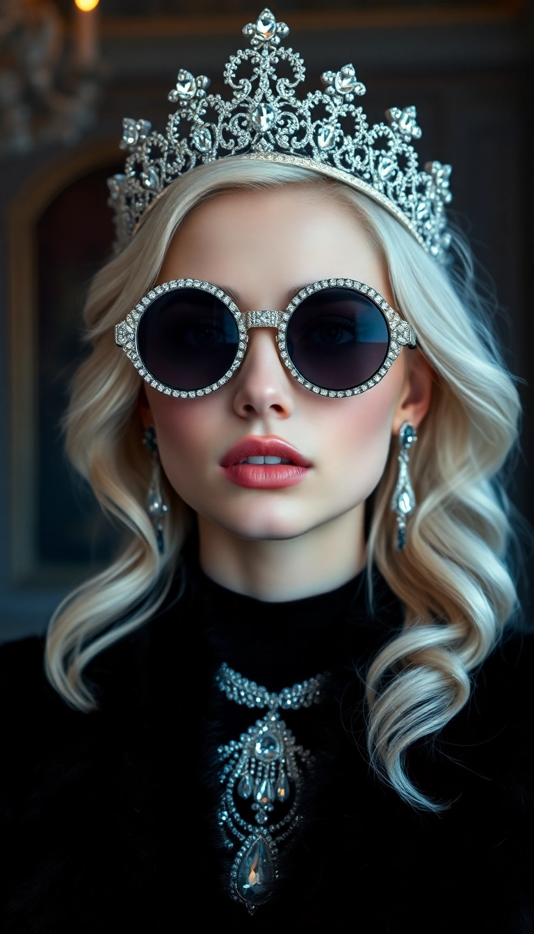 Best AI Young Platinum Blonde Queen in Black Fur Phone Professional Background
